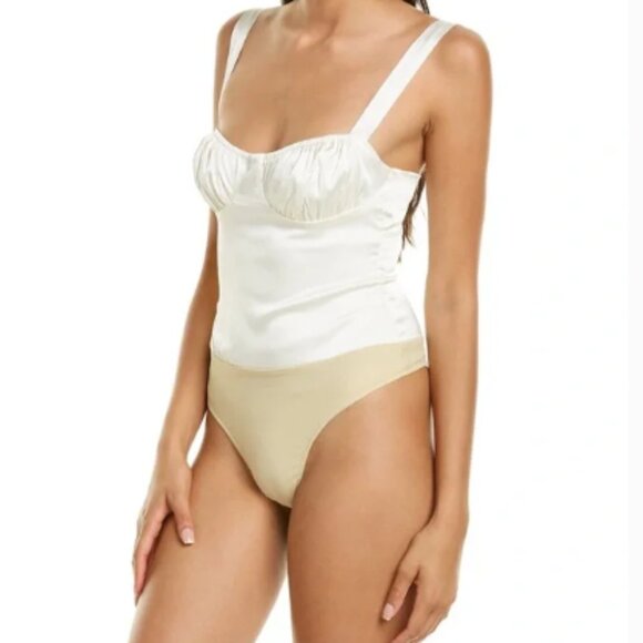 NWOT WeWoreWhat White Ruched Satin Bodysuit Size 4 - Picture 3 of 8